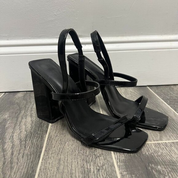 Black Patent Double Strap Sling Back Block High Heels Size 8 - Picture 1 of 2